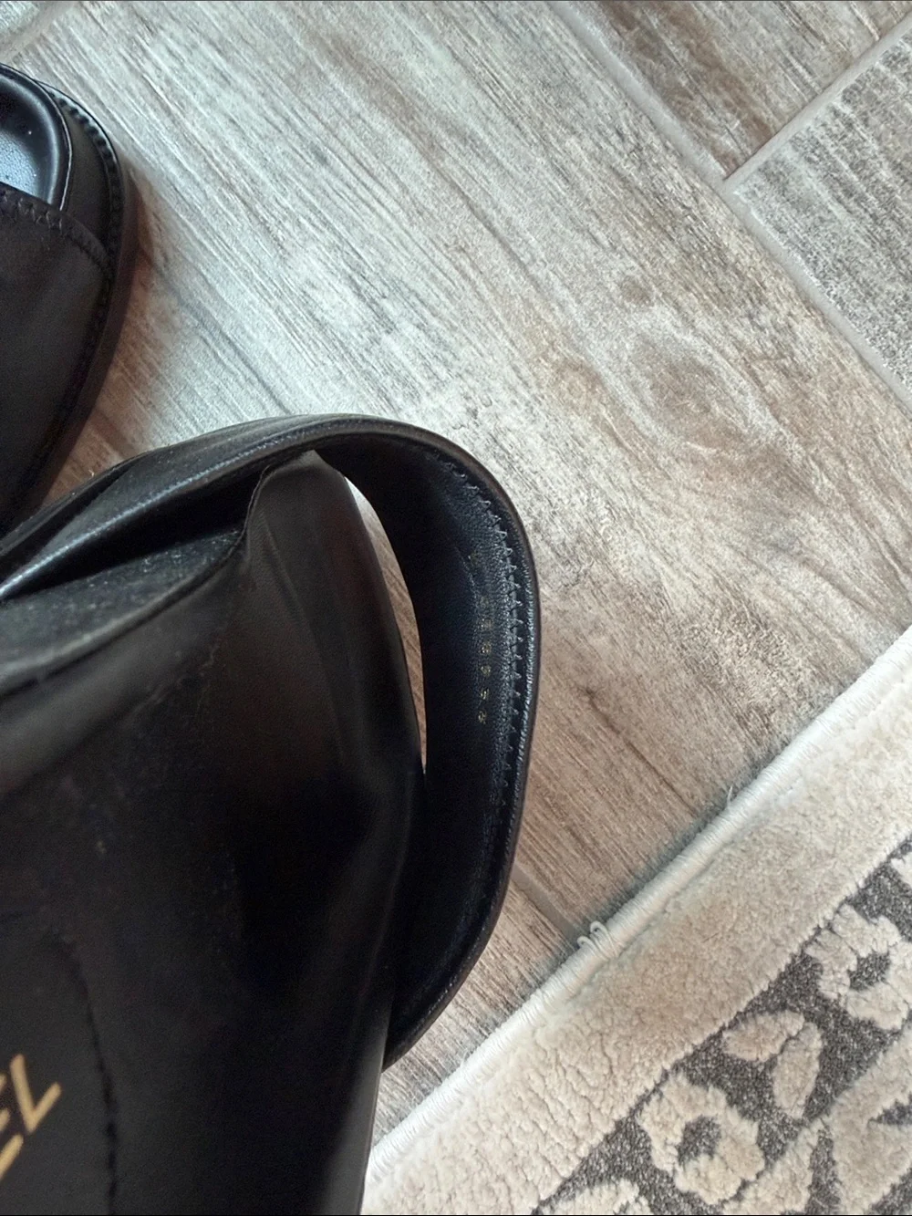 CHANEL Black Leather Slide Sandals with Multicolor Logo Letters